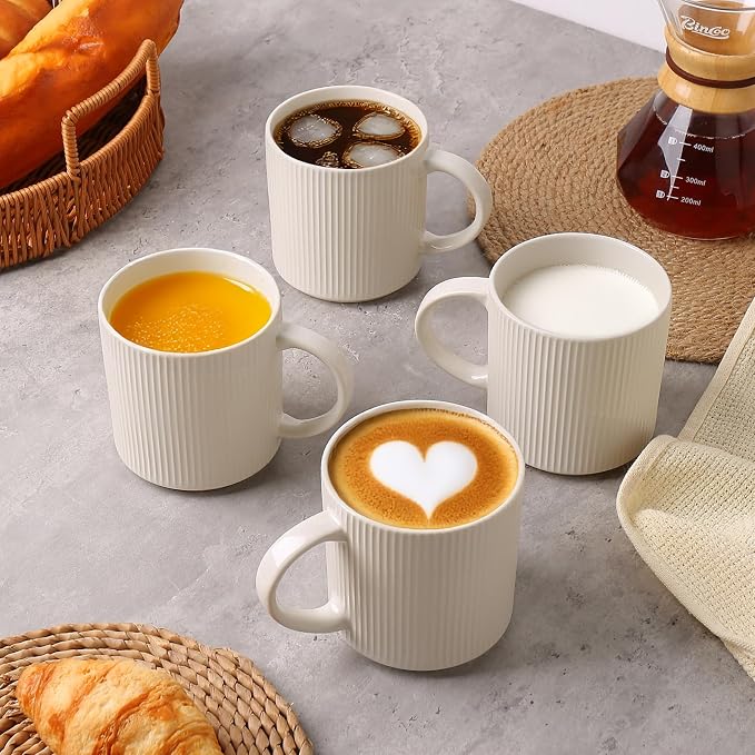MONITO 16Oz Coffee Mugs Set of 4, Rustic Ceramic Coffee Cups Set with Large Handle, Vintage Striped Stoneware Coffee Mugs for Latte, Cocoa, Tea, Milk, Microwave & Dishwasher Safe, White - Image 6