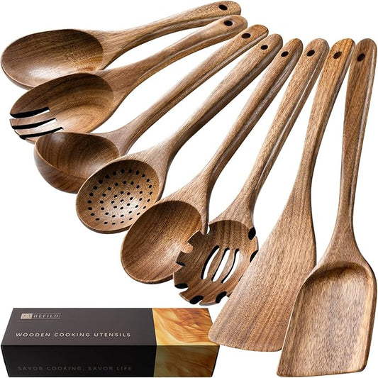 Wooden Spoons for Cooking, 8-Piece Acacia Wood Cooking Utensil Set | Spoons and spatulas stir, mix, flip and serve; balanced handles offer control while staying gentle on nonstick cookware. by HEFILD
