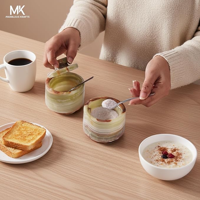 MARBLOUS KRAFTS Marble Salt Cellar with Lid and Spoon 3" Inch Green Stone Salt Dish for Kitchen Countertop Storage, Small Set of 2 Seasoning Containers, Spice Jars, Sugar Bowl - Image 4