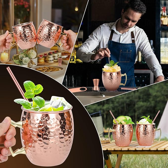 Amrules Moscow Mule Mugs Set of 4, 16 OZ Hammered Copper Cups with 304 Stainless Steel Lining and Gold Brass Handles, Includes Straws, Opener, Jigger, Brush, Fit for Cold Drinks, Bars, Parties - Image 6