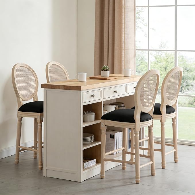 French Country Barstool, Linen Farmhouse Counter Height Chair | Set of 4, with Rattan Round Back and Solid Wood Legs, Oval Chairs for Restaurant, Bar, Kitchen, Café, Black - Image 2