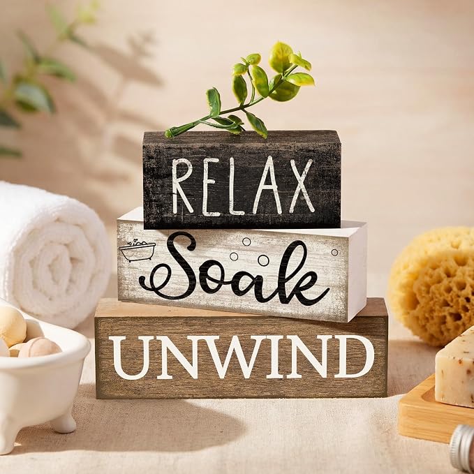 Moucuny 4 Pcs Bathroom Shelf Decor Sign Farmhouse Bathroom Decor and Accessories Rustic Eucalyptus Leaves Wood Block Sign Gift Relax Soak Unwind Farmhouse Table Centerpiece for Home Toilet - Image 2