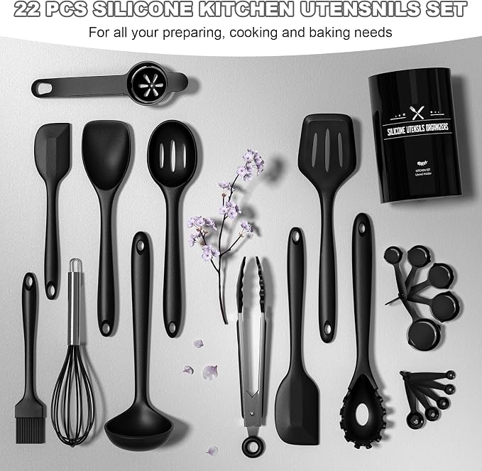 Silicone Kitchen Utensils Set, Umite Chef 22Pcs Cooking Utensils Spatula Set, Heat Resistant Non-Stick Silicone, Dishwasher Safe Cooking Gadgets Tools Set(Black) - Image 5