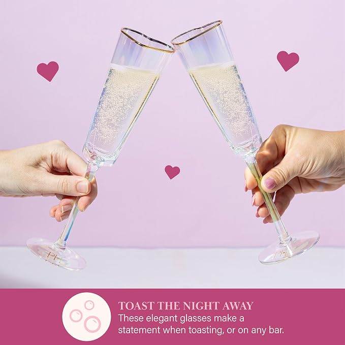Paris Hilton Heart Shaped Champagne Flute Gift Set, Elegant Handmade Glassware Set, Perfect for Celebrations, Weddings or any Special Occasion, 2-Piece Set, 5.5-Ounce, Iridescent with Gold Rim - Image 2