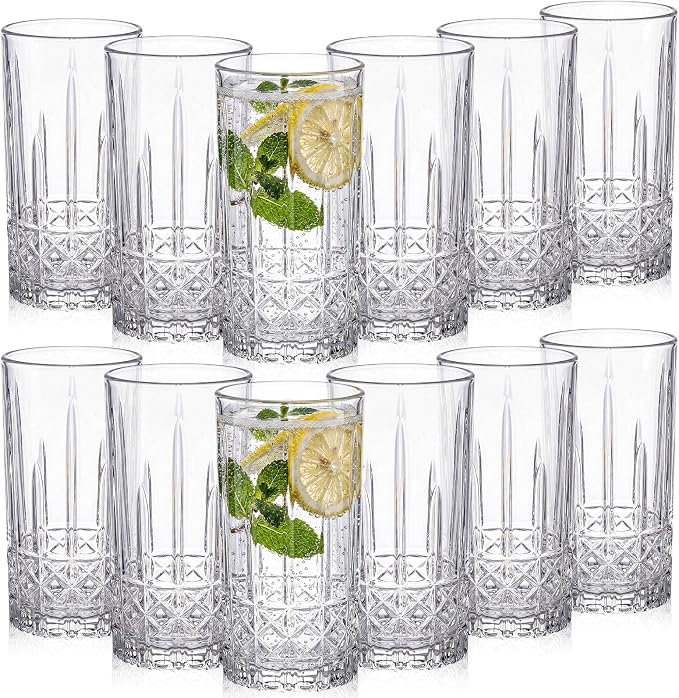 Uiifan Set of 12 Tall Highball Glasses 12 oz Crystal Drinking Glasses Clear Fancy Cups Vintage Textured Designer Glassware for Cocktail Tea Water Beer Soda Beverages, Dishwasher Safe (Diamond Pattern) by Uiifan