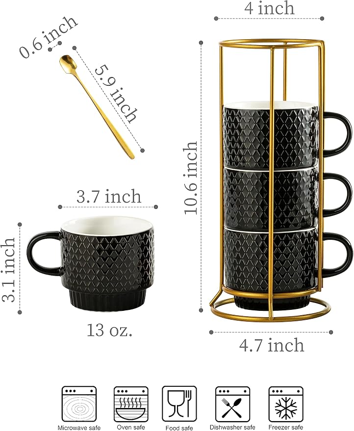 LYEOBOH Stackable Coffee Mugs Set of 4 with Rack & Spoons Coffee Mug Set 13 OZ., Ceramic Embossed Grinding Demitasse Cups Set Cappuccino Cup Halloween for Coffee, Latte, Macchiato, Espresso, Black - Image 2