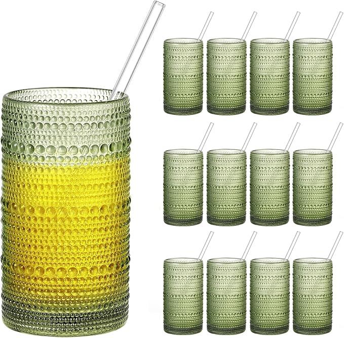 16oz Hobnail Drinking Glasses Set of 12, Vintage Large Capacity Embossed Green Tumblers, Highball Glasses for Water, Cocktail, Beer, Whiskey, Juice & Bar Use by Unknown