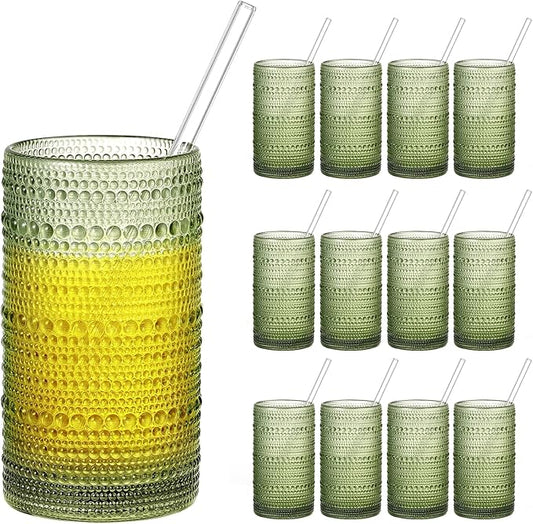 16oz Hobnail Drinking Glasses Set of 12, Vintage Large Capacity Embossed Green Tumblers, Highball Glasses for Water, Cocktail, Beer, Whiskey, Juice & Bar Use by Unknown