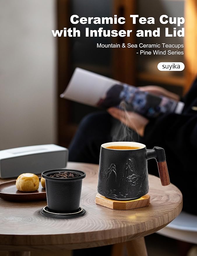 suyika Ceramic Tea Cup with Infuser and Lid, Gradient Embossed Large Tea Mug Wooden Handle for Steeping Loose Leaf, Tea Lover Gifts 15.2 oz / 450 ml,Matte Black - Image 5