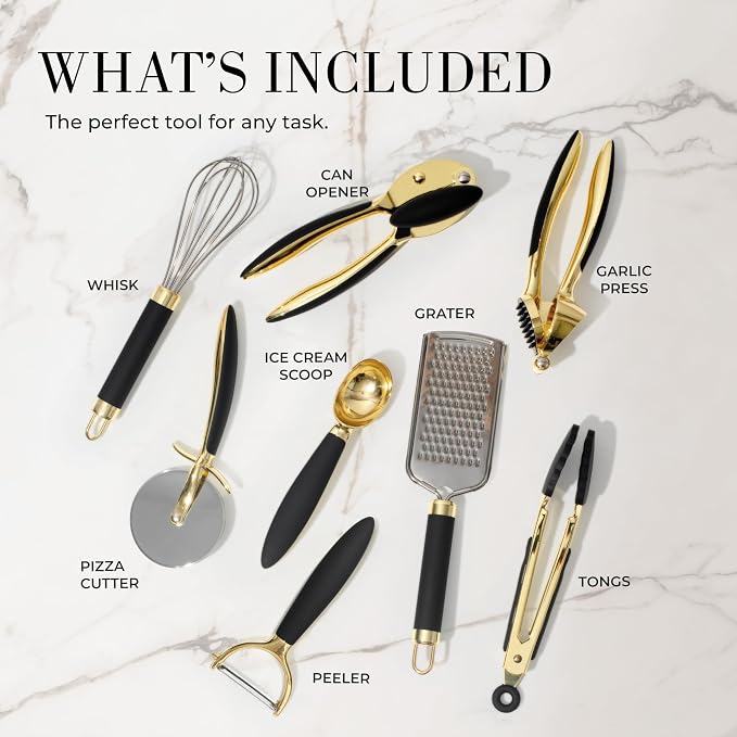 Styled Settings Black and Gold Kitchen Utensils, 8-Piece, Black & Gold | 8-Piece Gold Kitchen Tools Set with Can, Pizza Cutter, Peeler, Mini Whisk, and Tongs - Image 2