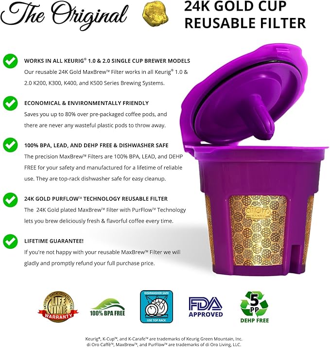 DI ORO MaxBrew Keurig Reusable K Cup Coffee Filter – For Keurig 1.0 and 2.0 Coffee Brewers - 24K Gold Small Refillable Coffee Filter - Fits K200, K300/K350/K360, K450/K460, K500/K550/K560 (Purple)