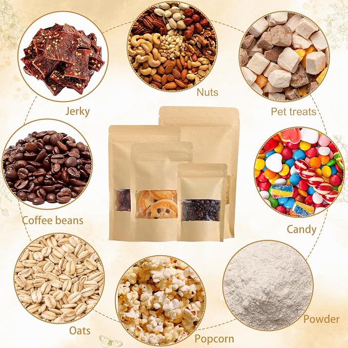 100 Pcs Kraft Stand Up Pouches With Window, Resealable, 4 x 6 In | Cpp-Lined Paper, Heat Sealable, Moisture Resistant, Tear Notch, Clear Window, Snack And Bakery Packaging - Image 5
