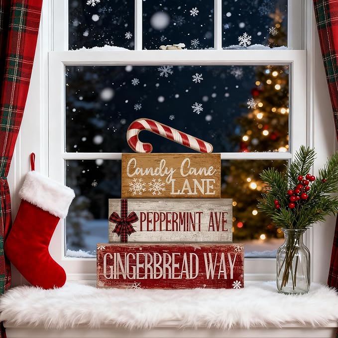 Moucuny 4 Pcs Christmas Table Decor Wooden Candy Cane Decoration Christmas Centerpiece Winter Tiered Tray Decor Red and White Stripes Candy Cane Block Signs Gift Farmhouse Xmas Decoration for Kitchen - Image 6