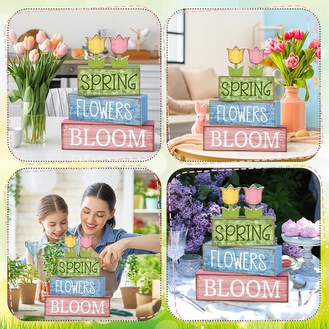 Moucuny 4 Pcs Spring Table Decor Wooden Tulip Spring Tiered Tray Decor Flowers Table Centerpiece Decorative Colorful Tulip Block Signs Gift Farmhouse Flowers Decoration for Home Kitchen Shelf - Image 5
