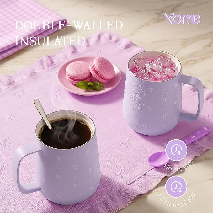 YOME 10oz Bow Light Purple Insulated Coffee Mug with Handle for Women | Ceramic Lined Coffee Mug with Splash-Resistant Lid| Pure Taste Stainless Steel Coffee Cup | Easy to Clean | Keeps Drinks Cold - Image 3