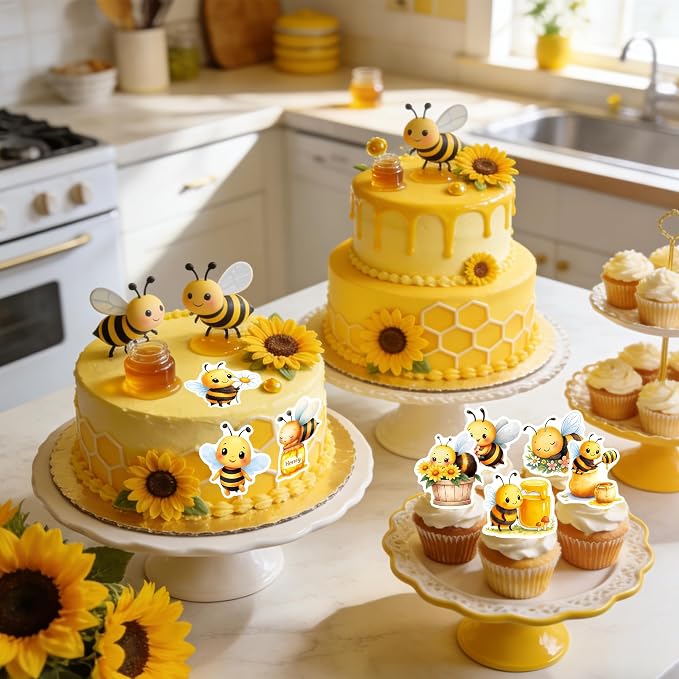 72 PCS Edible Bumble Bee Cupcake Toppers Wafer Paper Oh Babee Cake Decorations for Bee Theme Baby Shower Kids Boys Girls Birthday Cake Party Decoration - Image 3