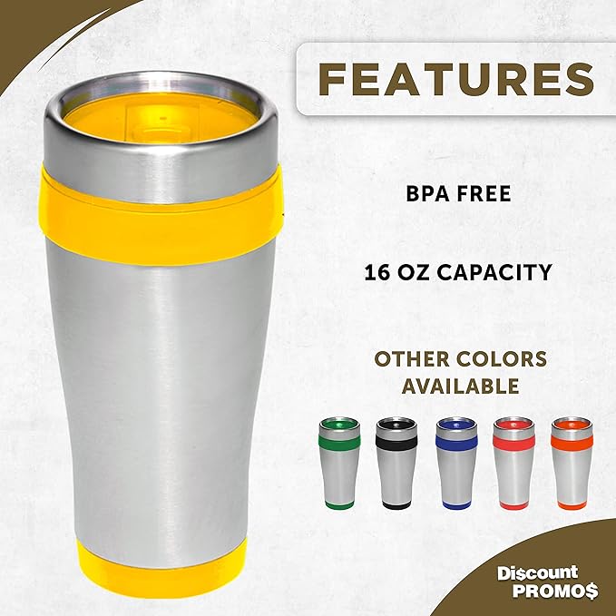 DISCOUNT PROMOS Insulated Stainless Steel Travel Mugs 16 oz. Set of 10, Bulk Pack - Perfect for Coffee, Soda, Other Hot & Cold Beverages - Yellow