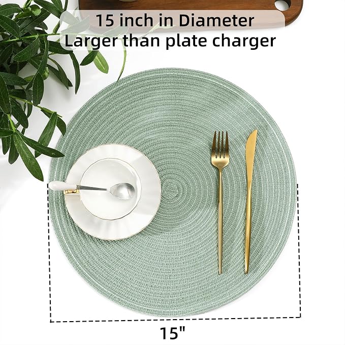 SHACOS Round Placemats Set of 8 Washable 15 inch Round Table Mats Cotton Polyester Woven Braided Place Mats for Dining Table Wedding Party Decor, Sage Green - Image 6
