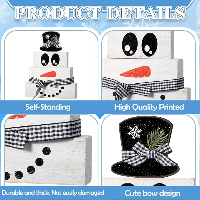 Moucuny 4 Pcs Winter Table Decoration Wooden Snowman Decor Black and White Winter Tiered Tray Decor Rustic Snowman Face Wood Block Sign Gift Christmas Centerpiece Farmhouse for Wonderland Home - Image 5