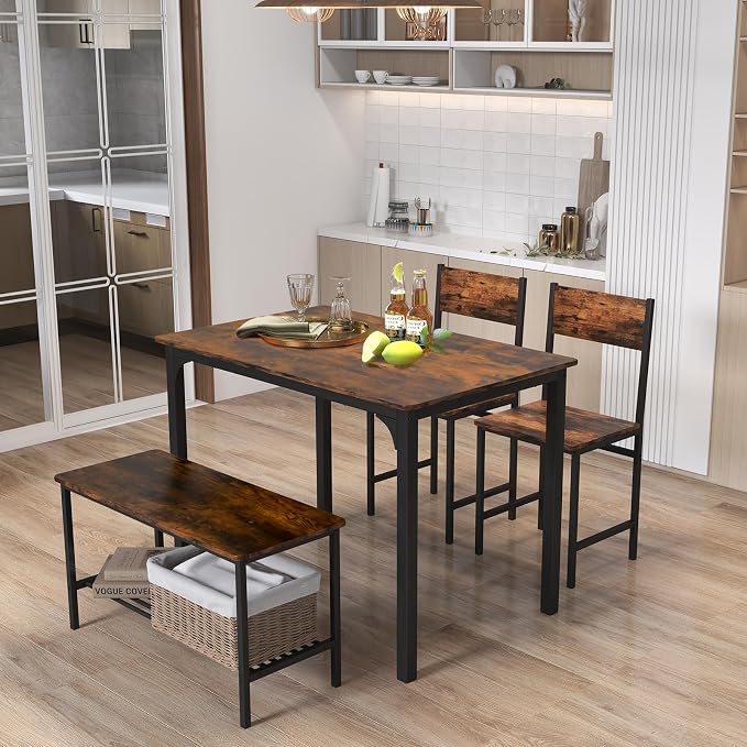 Giantex Dining Table Set for 4, Kitchen Table with Bench and Chairs, Industrial Gathering Bench Dining Set W/Metal Frame & Storage Rack, Dinette Set, Modern Functional Desk Set (Rustic Brown) - Image 2