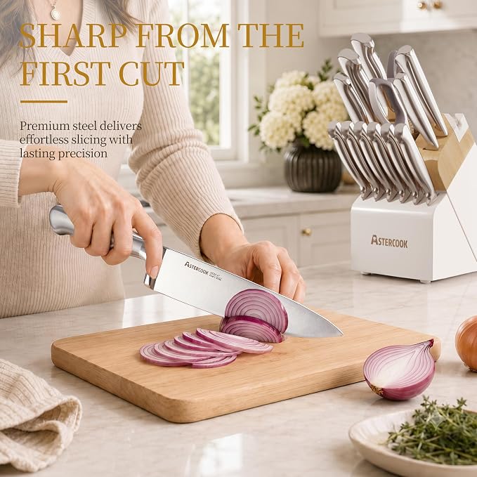 Astercook Knife Set for Kitchen with Block Sharpener 14Pcs Dishwasher Safe | Full Tang Stainless Steel Knives and Anti-Slip Ergonomic Handle Utensils Set - Image 2