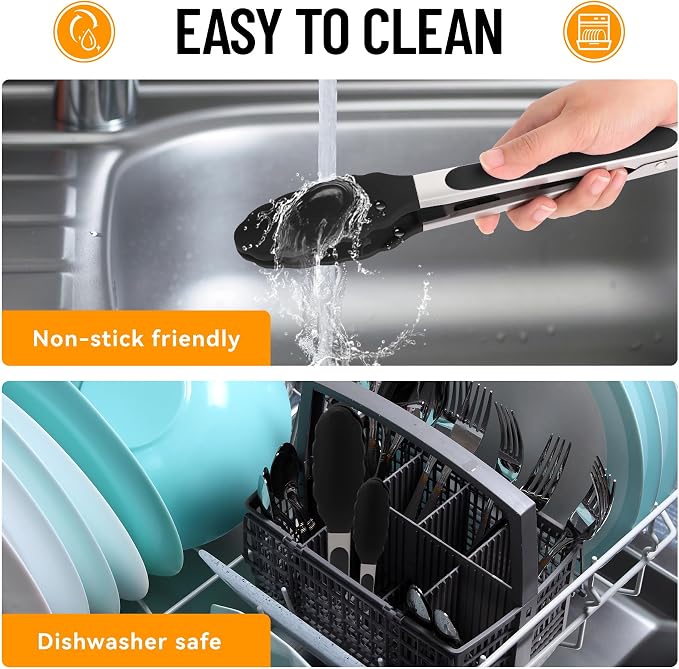 HOTEC Premium Kitchen Tongs, 7 & 9 Inch, Stainless Steel, Black, Set of 2 | Silicone Tips, Durable Spring Locking Mechanism, Non-Scratch & Heat Resistant, For Salad, BBQ, Serving - Image 7