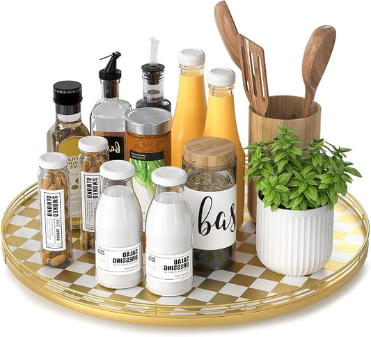 Gold and White Checkerboard Lazy Susan with Rubberwood Base and Metal Rail | Smooth rotating oak tray with walnut finish for dining tables, kitchen counters, pantries and cabinet storage. by AMH