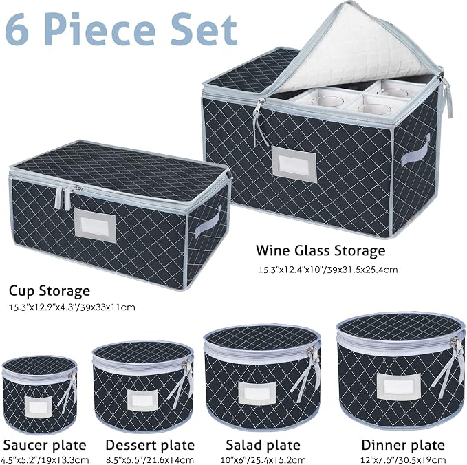 China Dinnerware Storage Containers Set- Dish,Mug,Stemware Storage Cases - Quilted Box Bins Stackable with Divider,handles,Clear Window for Cups,Plates,Wine Glasses Moving Set of 6 (Grey - Image 2