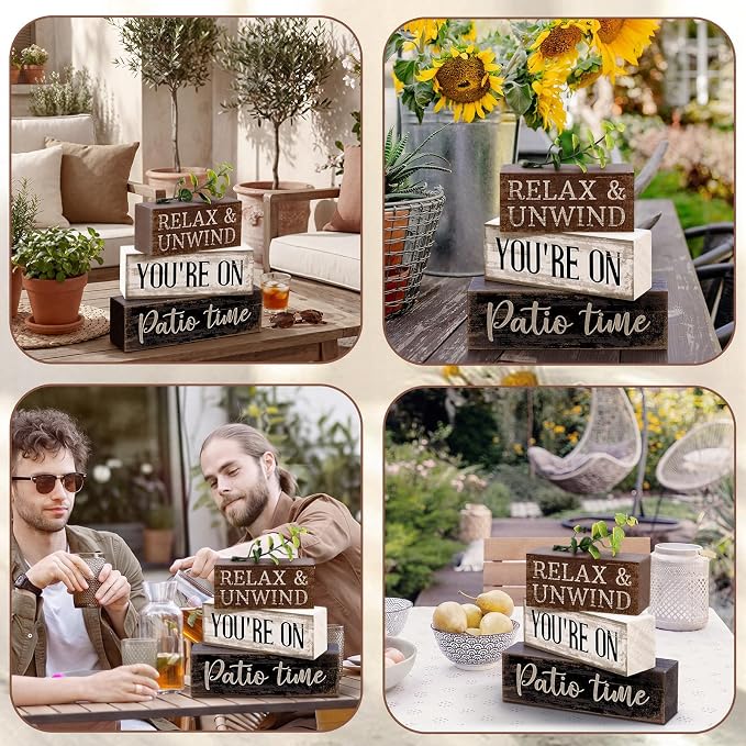 Moucuny 4 Pcs Farmhouse Table Decor Rustic Patio Stacked Wooden Decor - "Relax & Unwind You're on Patio Time" Sign with Greenery Topper for Home Porch Yard Shelf Fireplace Tiered Tray Decoration - Image 5