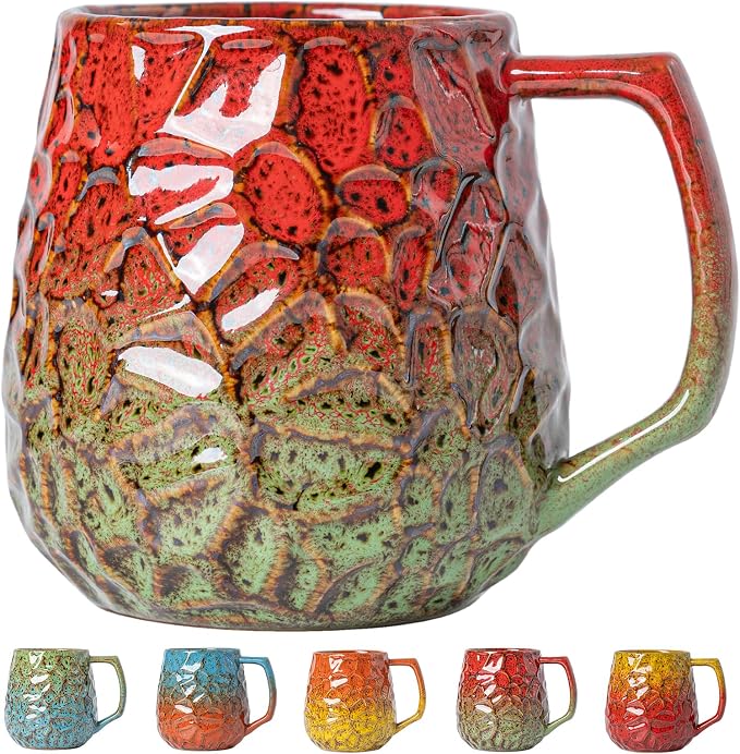 18oz Unique Red & Green Kiln-Change Ceramic Coffee Mug, Handcrafted Hammered Texture Ceramic Mug with Ergonomic Handle, Microwave & Dishwasher Safe, Gift for Coffee Lovers, Home Office Daily Use by XIYUANJI