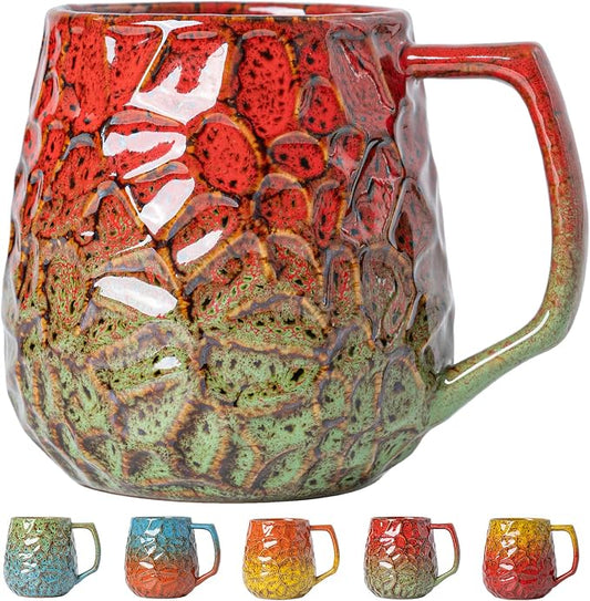 18oz Unique Red & Green Kiln-Change Ceramic Coffee Mug, Handcrafted Hammered Texture Ceramic Mug with Ergonomic Handle, Microwave & Dishwasher Safe, Gift for Coffee Lovers, Home Office Daily Use by XIYUANJI