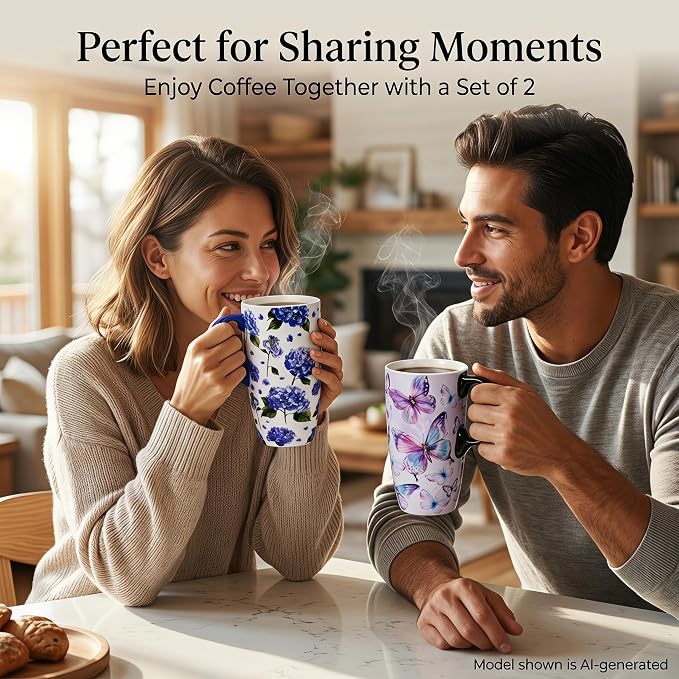 Topadorn Set of 2 Ceramic Travel Mugs with Lids, Coffee Mug | Butterfly & Hydrangea Mug Gift Set, 17oz Floral Coffee Cups, Microwave & Dishwasher Safe, Gift Box Included - Image 7