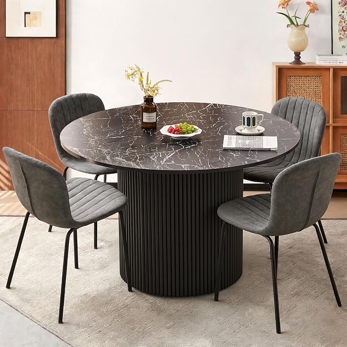 Dining Table Set for 4, 47 Inch Mid Century Modern Faux Marble Round Kitchen Table and Chairs, Space-Saving Small Dinette Set (Black Table+4 Grey Chairs) - Image 4