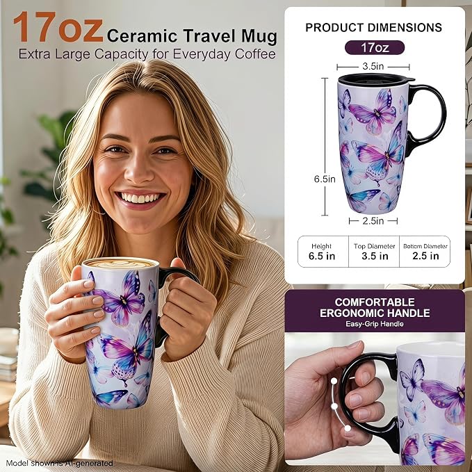 Topadorn 17oz Ceramic Travel Mug with Lid, Coffee Cup with Gift Box | Watercolor Butterfly Coffee Mug with Handle, Microwave & Dishwasher Safe, Gift Box Included - Image 6