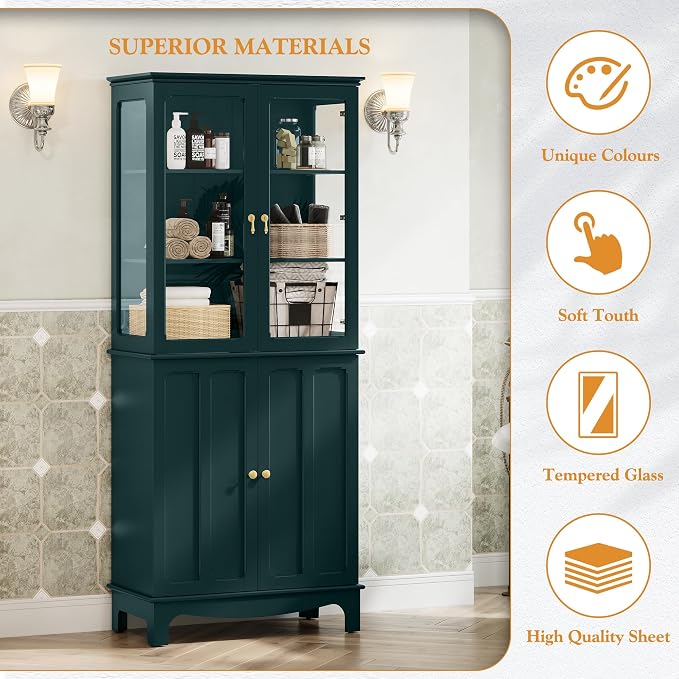 72" Tall Kitchen Pantry Cabinet with Glass Door and Adjustable Shelves, Vintage Food Storage Cabinet for Kitchen, Dining Room, Living Room, Teal - Image 5