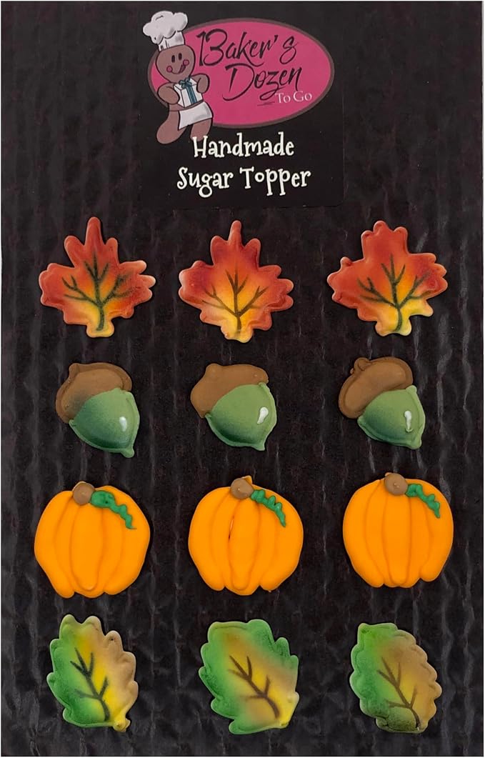 Fall Leaf Cupcake Assortment- 12 pcs Candy Edible Icing Cupcake Decoration Topper Kit Halloween Thanksgiving Fall Cake Toppers (Choose Styles Below) by BakersDozenToGo