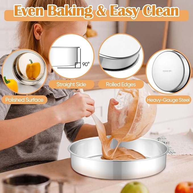 E-far 11 Inch Cake Pan Set of 2, Stainless Steel Large Round Baking Pans Tins, Non-Toxic & Leak-Proof Mold for Birthday Wedding Layer Tiered Cake, Easy Clean & Dishwasher Safe - Image 3