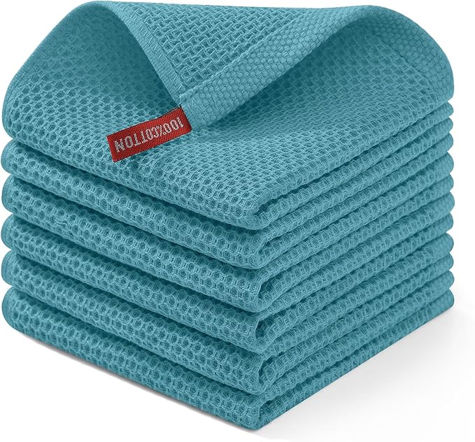 Homaxy 100% Cotton Waffle Weave Kitchen Dish Cloths 6-Pack, Lake Blue | 12 x 12 Inches, Ultra Soft Absorbent Dish Towels, Quick Drying Dish Rags with Hanging Loop by Homaxy