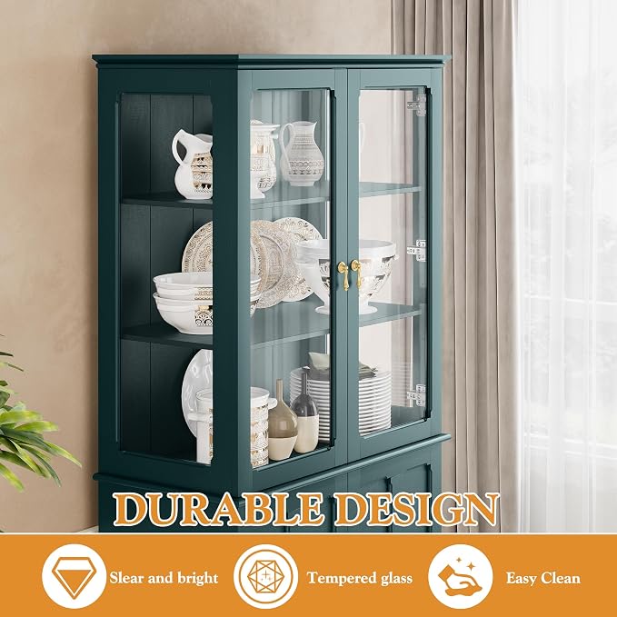 72" Tall Kitchen Pantry Cabinet with Glass Door and Adjustable Shelves, Vintage Food Storage Cabinet for Kitchen, Dining Room, Living Room, Teal - Image 4