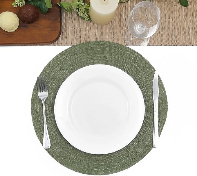 SHACOS Round Placemats Set of 6 Washable 15 inch Round Table Mats Cotton Polyester Woven Braided Place Mats for Dining Table (Olive Green, 6) - Image 8