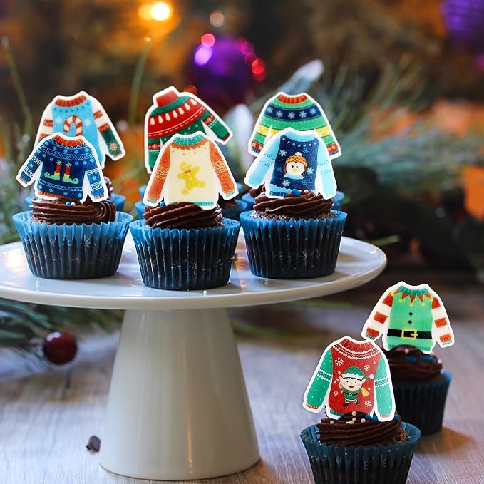 40PCS Edible Ugly Sweater Cupcake Toppers Wafer Paper Christmas Cupcake Toppers Picks Merry Christmas Theme Holiday Baby Shower Birthday Party Cake Decorations Supplies - Image 4