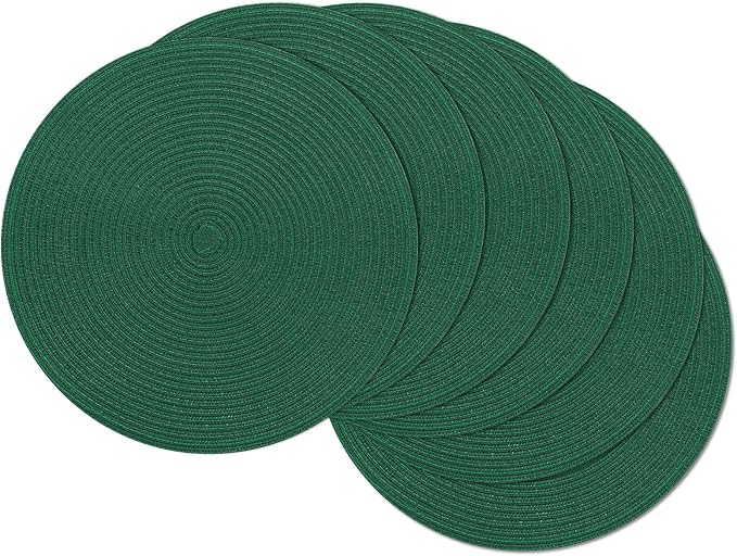 SHACOS Dark Green Round Placemats Set of 6 Cotton Polyester Braided 15 inch Washable Kitchen Dining Table Place Mats Christmas Table Mats for Home Wedding Party Decor by SHACOS