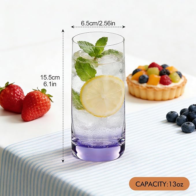 Purple Highball Glasses Set of 6, 13oz Drinking Glass Cups for Mixed Drink Cocktail, Beer, Mojito, Water and Juice,Thick Tall Crystal Glassware for Kitchen, Restaurant, Home Bar and Parties - Image 2