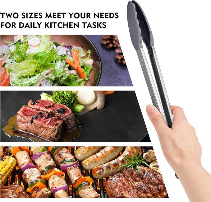 HOTEC Premium Stainless Steel Locking Kitchen Tongs with Silicon Tips, Set of 2-9" and 12" Light Grey - Image 6