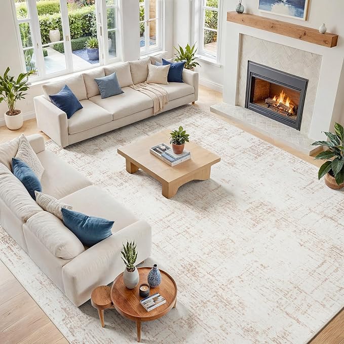 10x14 Area Rug for Living Room Bedroom: Non-Slip Modern Beige White | Machine Washable TPR Backing, Stain-Resistant Low Pile, Pet & Kid Friendly, Abstract Decor for Dining Room, Dorm, Home Office by Oriannal