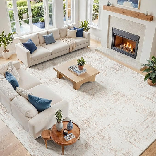 10x14 Area Rug for Living Room Bedroom: Non-Slip Modern Beige White | Machine Washable TPR Backing, Stain-Resistant Low Pile, Pet & Kid Friendly, Abstract Decor for Dining Room, Dorm, Home Office by Oriannal