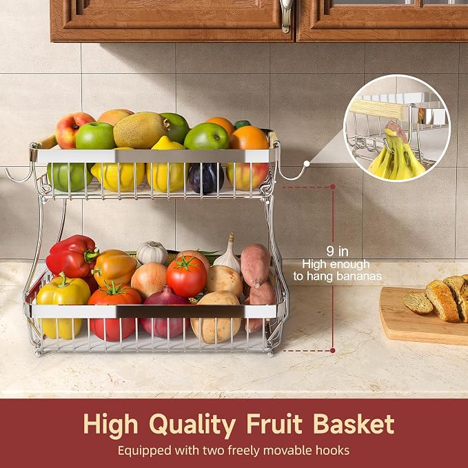 2-Tier Fruit Basket with Banana Hangers, Detachable Metal Bowl | Wooden handle, protective mats included. Versatile holder for bread, snacks, and veggies. Large 2 tier metal design. - Image 2