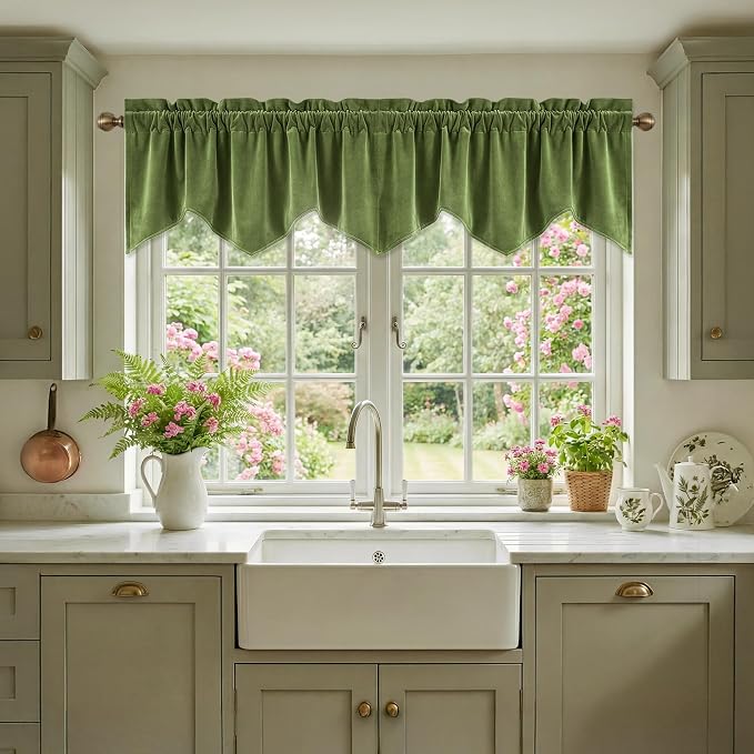 Grass Green Valance for Windows 52x18 Inch 1 Panel | Bright Wavy Green Kitchen Window Treatment, Spring Decorative Short Drapes for Bathroom, Kids Room, Rod Pocket by StangH