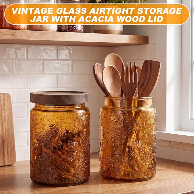 LemonRoad 2 Pcs Vintage Brown Glass Storage Jars 23.7 oz Mason Jar Canister with Wood Lids Food Storage Container for Cookie, Pantry, Candy Kitchen, Coffee, Tea, Flour, Sugar, Decorative Home Decor - Image 4