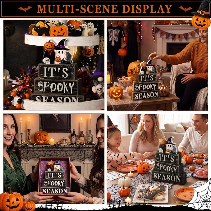 Moucuny 4 Pcs Halloween Table Decoration Pumpkin Ghost Wooden Stacked Block Decor, "It's Spooky Season" Centerpiece Signs, Rustic Gothic Halloween Tiered Tray Decoration for Home Office Kitchen Shelf - Image 5
